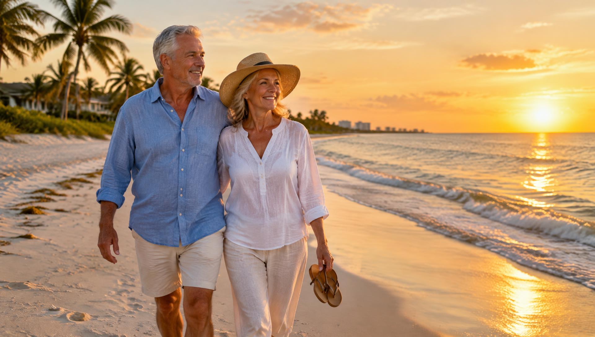 Retired couple walking on a Florida beach at sunset